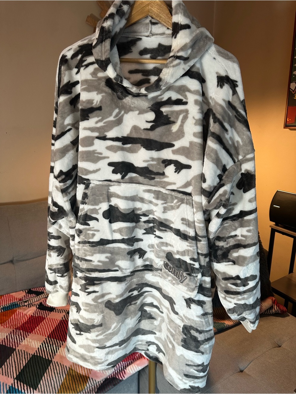 The Comfy Cozy Gray Camo Plush Hoodie Blanket oversized